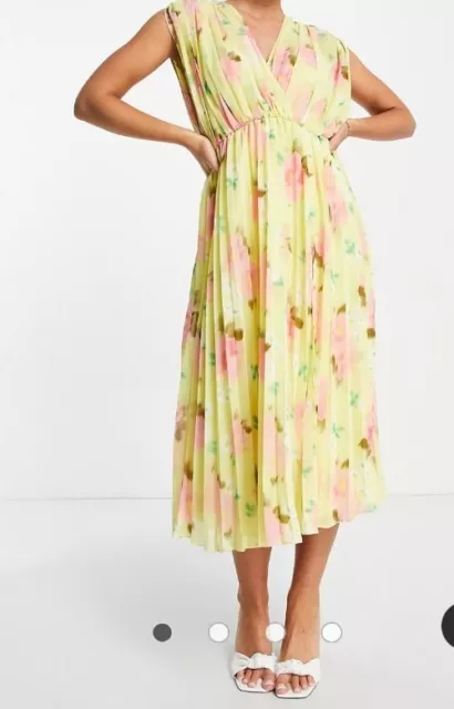 ASOS DESIGN Yellow Pleated Floral Midi Dress WOMEN'S SIZE 6