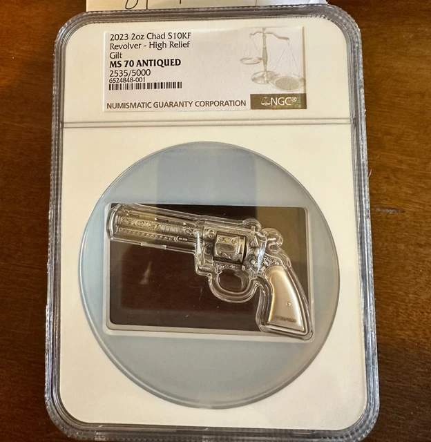 2023 CHAD 2 oz Silver Revolver Gun Coin NGC MS 70 ANTIQUED RARE 469.00