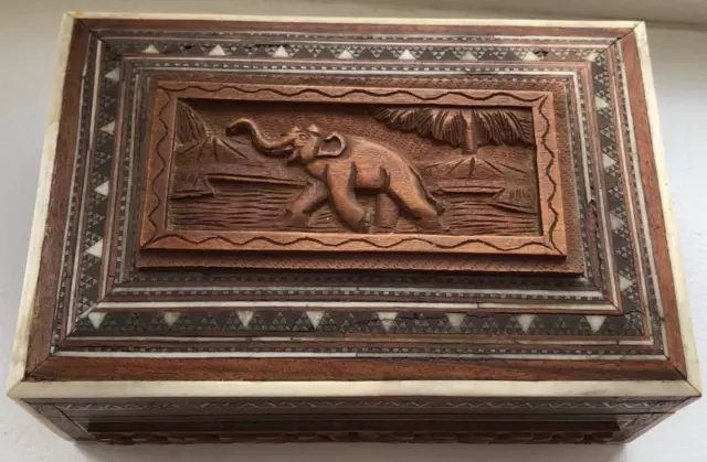 Vintage Anglo Indian Sandalwood Carved Box Elephant Design.