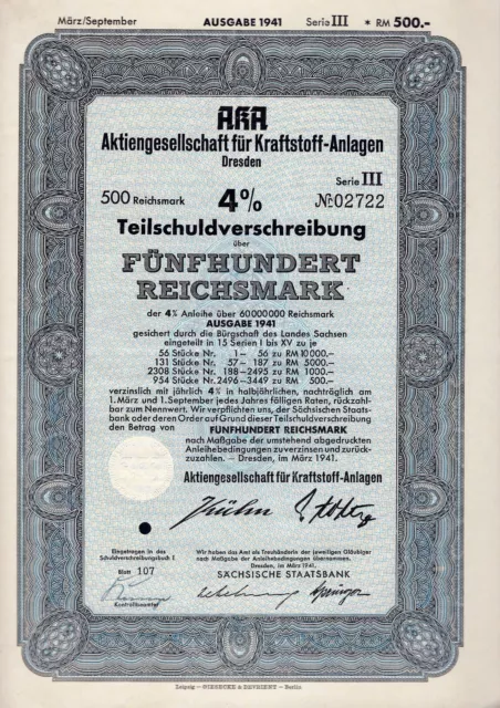 AKA AG für Kraftstoff-Anlagen, Dresden, 4% Teilschuldv., 1941 Serie III (500 RM)