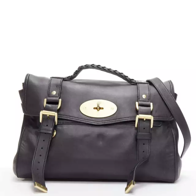 MULBERRY Alexa black calfskin gold vintage buckle straps satchel crossbody bag