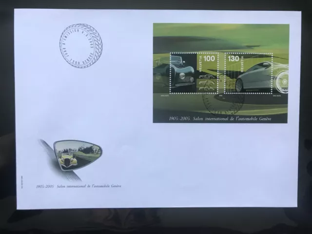 Schweiz 2005 Ersttagsbrief Block FDC 100 Jahre Automobil-Salon Genf