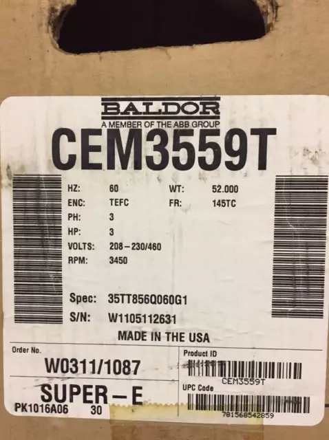 Baldor CEM3559T, 3 Hp, 3450 RPM, 145TC, 3 Ph, 240/480 V, TEFC, 35TT856Q060G1