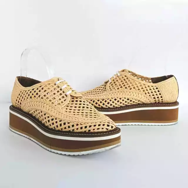 Clergerie Shoes Biba Womens 9.5* Tan Oxford Platform Cellulose Woven Raffia Lace