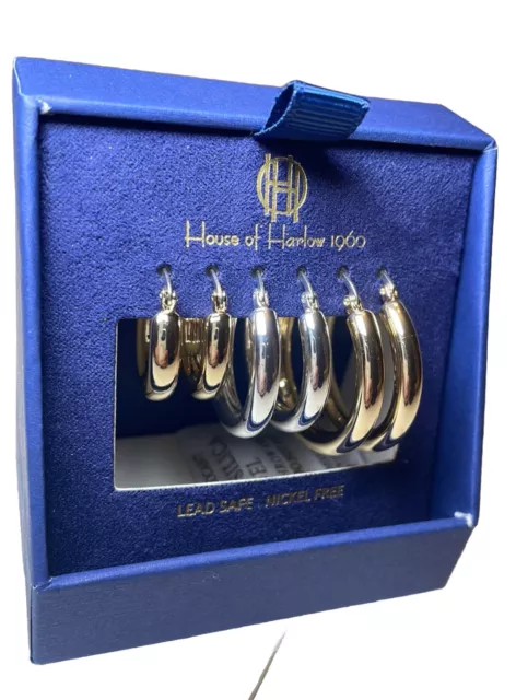 House of Harlow 1960 Hoop Earrings 3 Pairs Gold & Silver Tone, New in Gift Box