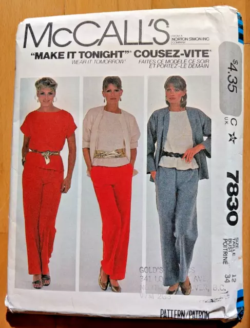 McCALL'S 7830 Misses' Jacket, Top & Pants - Size 12 US - Sewing Pattern UNCUT