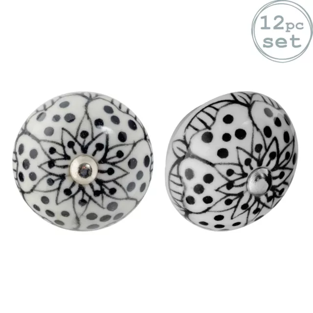 Bouton en céramique Porte d'armoire armoire poignée - Floral- Blanc / Noir x12