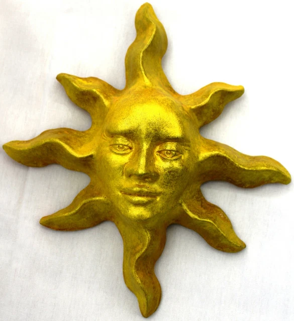 Collectible Western Art Golden Sun Face Sculpture in Cast Stone, Signed Artwork