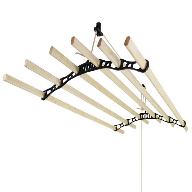 Etendoir à Linge Suspendu Plafond 1,4M 6 Lattes en Pin Supports & Poulie Noir