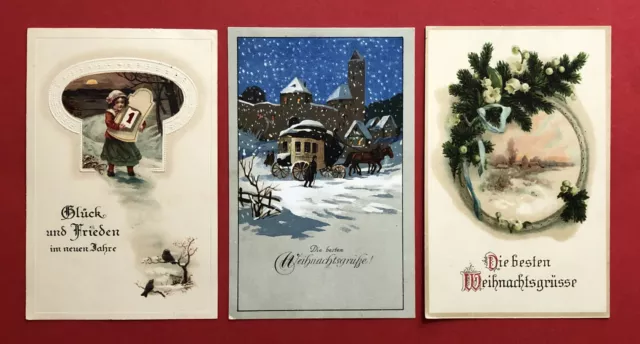 3 x Glückwunsch AK WEIHNACHTEN und NEUJAHR um 1916 Pferdekutsche Kinder  ( 63362