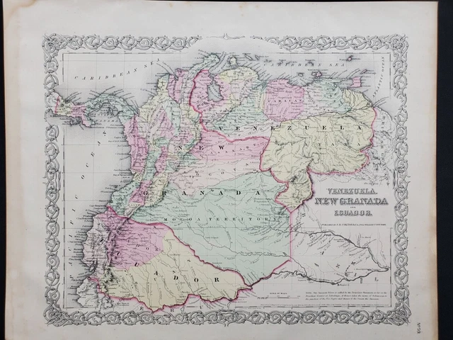 1855 Colton Map - Colombia Venezuela South America Panama - 100% Genuine Antique
