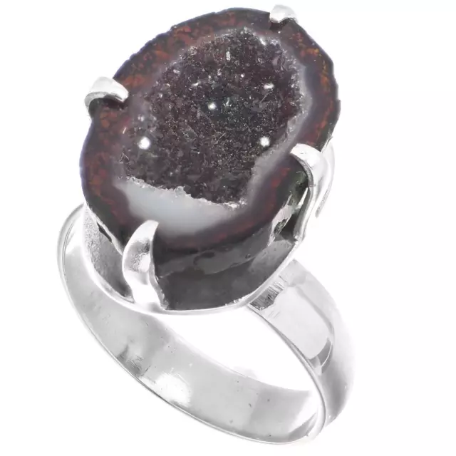 925 Plata Brillante Mejicano Natural Tabasco Geode Druzy Medio de Ley US 7 Aro