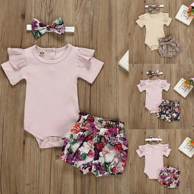 Newborn Kid Baby Girl Outfits Clothes Romper Bodysuit+Flower Shorts+Headband Set