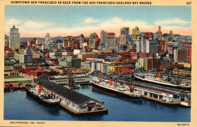 San Francisco CA View Of Downtown From Bay Bridge Linen Vintage Postcard