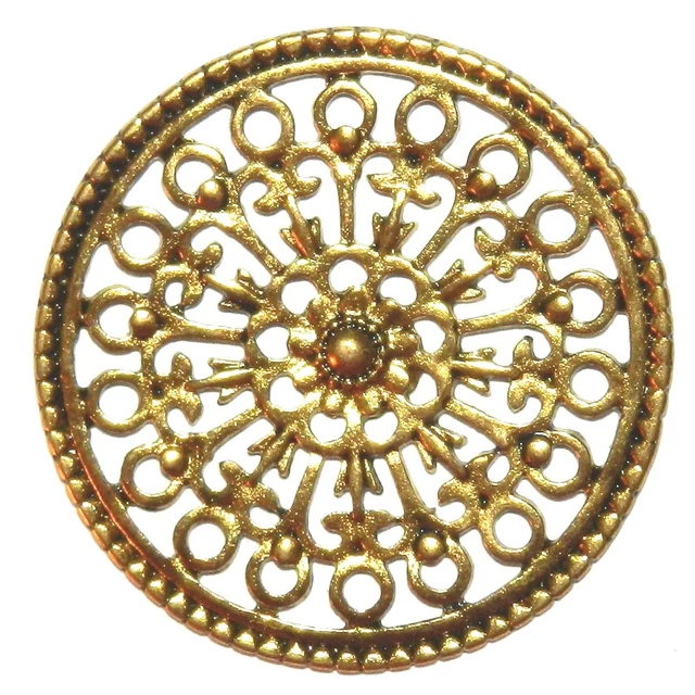 M594 Antiqued Gold 34mm Intricate Open Flat Round Pendant Focal Link 4pc