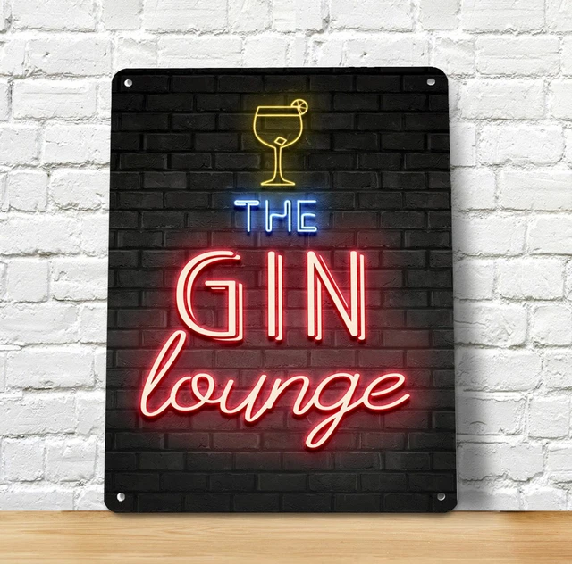 GIN LOUNGE BAR Sign - Neon light effect PRINT Metal Wall A4 Bar Sign