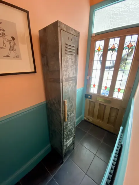 Vintage Industrial Stripped Steel School Locker Cabinet Large Door On Legs
