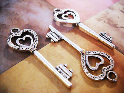 10 Heart Key Pendants Key Charms Antiqued Silver Skeleton Keys Steampunk Keys