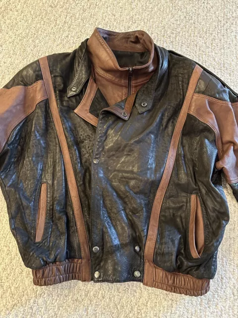 Vintage Genuine Leather Soft Black Brown Collared Mens Bomber Jacket Size Large!