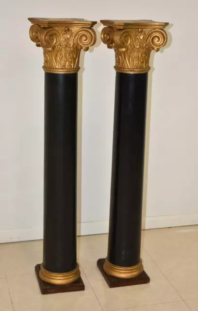 Pair Empire Style Carved Oak Pillars Corinthian Tops Circa 1910