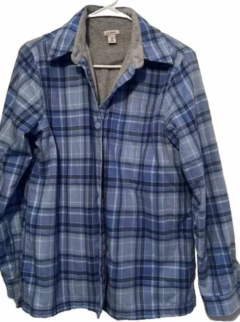 LL BEAN FLEECE Shirt Jacket XS Womens Blue Plaid Fleece Lined Button Up ...