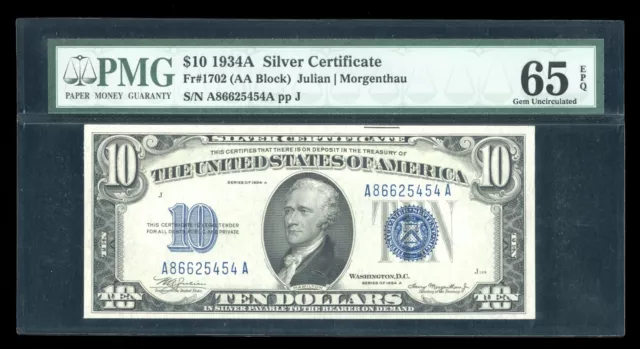 DBR 1934-A $10 Silver Gem Fr. 1702 PMG 65 EPQ Serial A86625454A