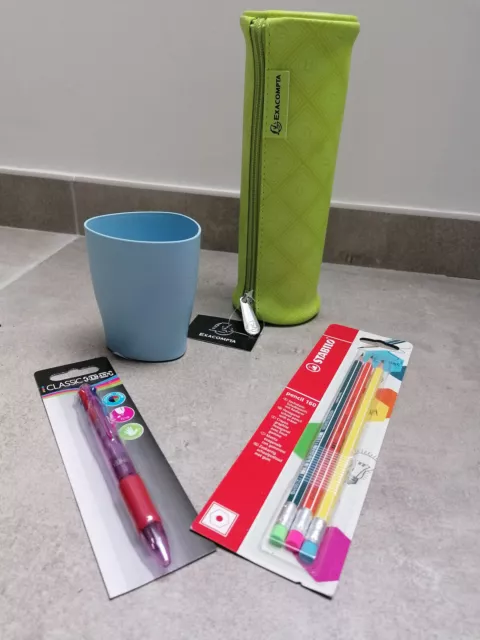 Lot rentrée des classes neuf : 3 crayons de papier avec gomme Stabilo + 1 pot à