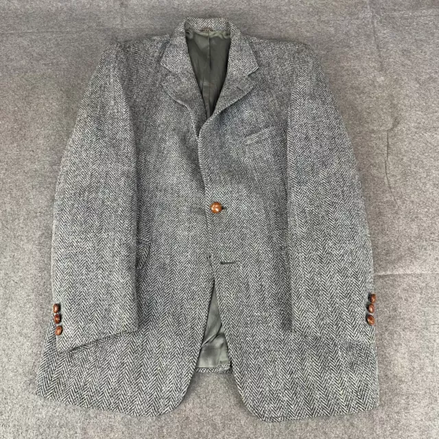 Vintage HARRIS TWEED Jacket Mens 40R Grey Herringbone Country Weave Blazer Coat