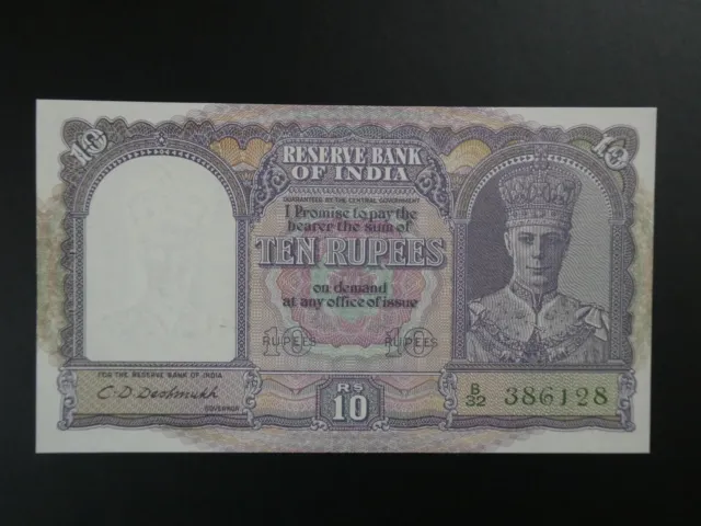 Nice 1943 India 10 Rupees Banknote Original Unc