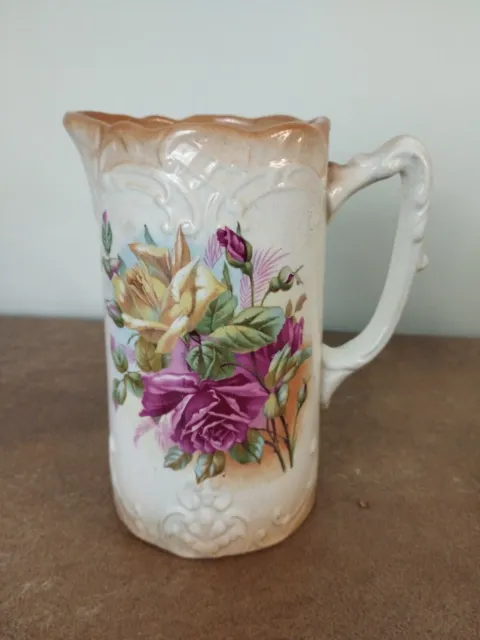 Antique c.1900, Staffordshire Jug With Roses Decoration, Approx 1.5 Pints