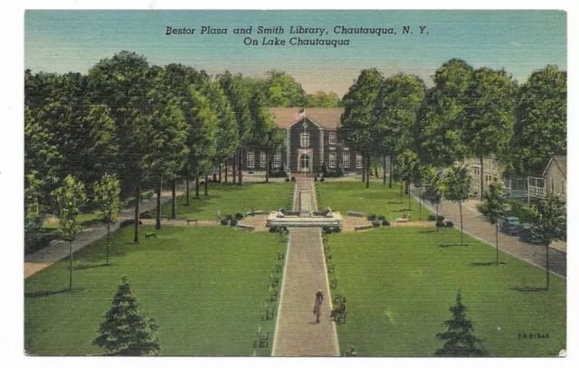 Chautauqua New York Postcard  Bestor Plaza and Smith Library Unused Linen