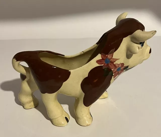 Vintage Japanese Ceramic Mouth Spout Cow Creamer Brown & White w/ Flowers 3