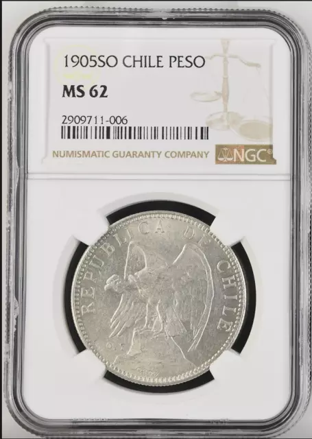 Chile, 1 Peso 1905 NGC MS 62. Nice grade! Silver coin