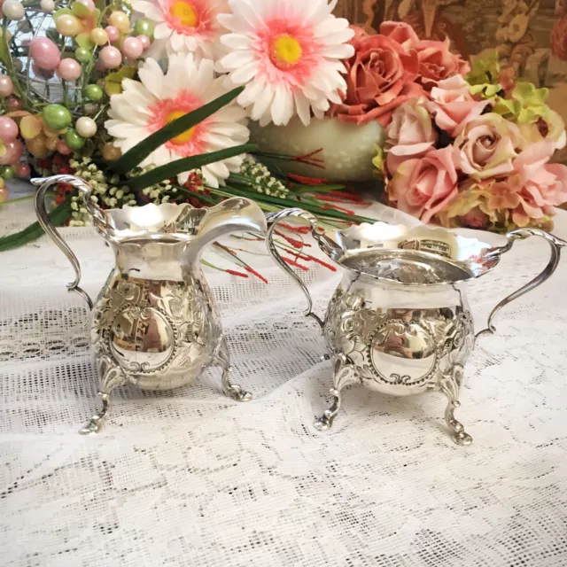 B&M Baldwin & Miller Sterling Silver Sugar Bowl & Creamer Repousse Hand Chased