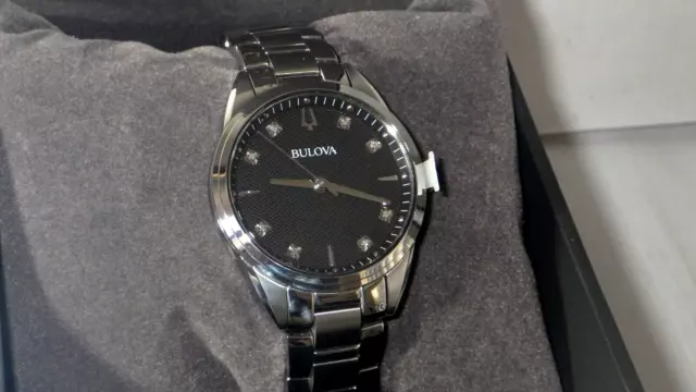 Bulova 96P236 Ladies Diamond Accented Stainless Steel Watch w/ Black Dial