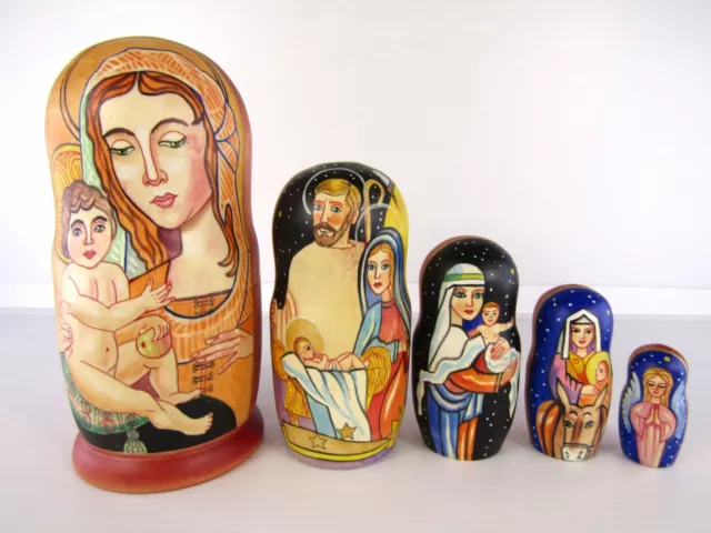 Matryoshka Nesting Doll 7" 5 Pc., Jesus Nativity Hand Made Russian 1072