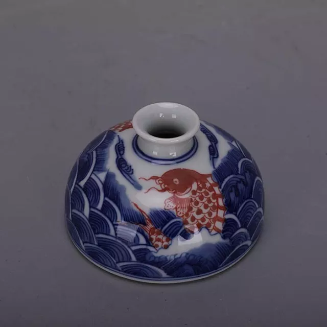 Chinese Qing Blue and White Porcelain Pot Red Fish Pattern Brush Washer 3.23"