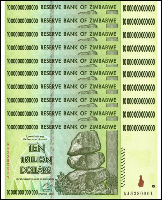 Zimbabwe 10 Trillion X 10 Pieces (PCS), AA/2008, P-88, UNC, 100 Trillion Series