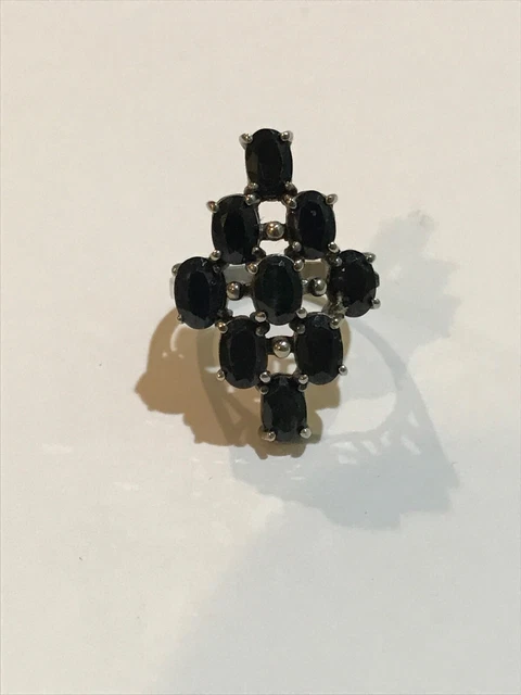 sterling 925 silver ring BLACK sapphire CLUSTER 8.5 nice ELEGANT OPERA DINER