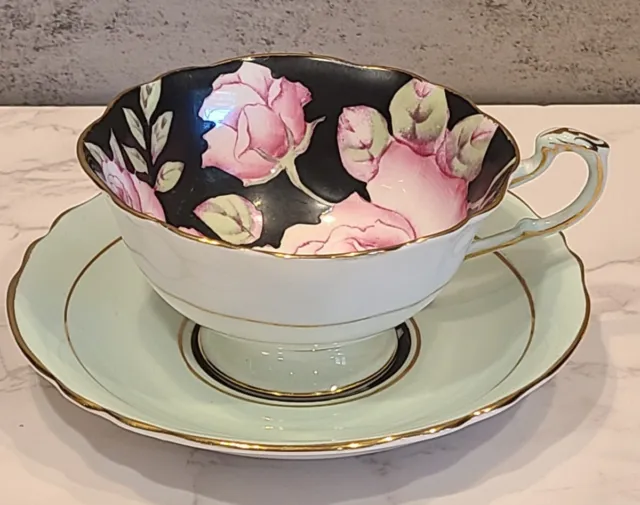 Paragon Double Warrant Cabbage Rose Tea Cup & Saucer Pink & Black Teacup GUC