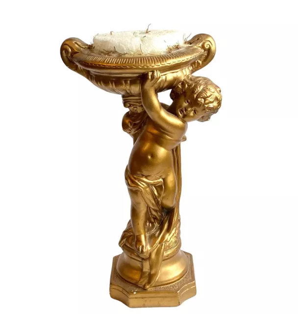 Alexander Backer Chalkware Cherub Statue Bowl Garden Gold Gilt Vtg ABCO Regency
