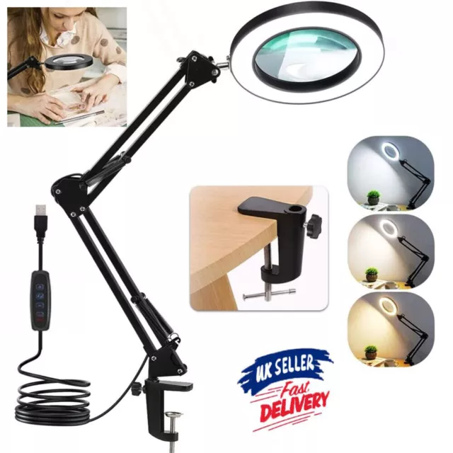 Magnifying Glass Lamp Desk LED Ring Light USB Beauty Nail Tattoo 5X Magnifier UK