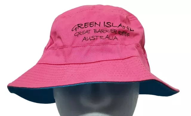 Great Barrier Reef GBR Bucket Hat Beach Cap PINK Blue Brim Sun 11 Inch Script