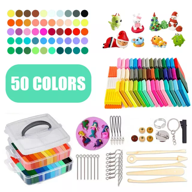 Polymer Clay Oven Bake 50 Colors Craft Moulding Block Tool Kit DIY Kids Toy Box