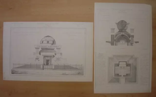 Lot de 2 grands croquis architecture PLANS Monument Marquis Pierre Simon LAPLACE