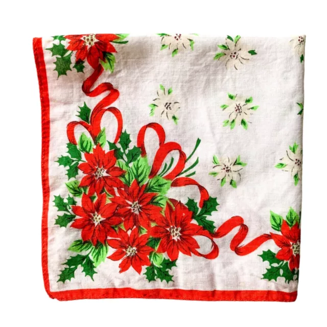 Vtg Red Poinsettia Flower Handkerchief Hanky Pocket Scarf Winter Green Holly