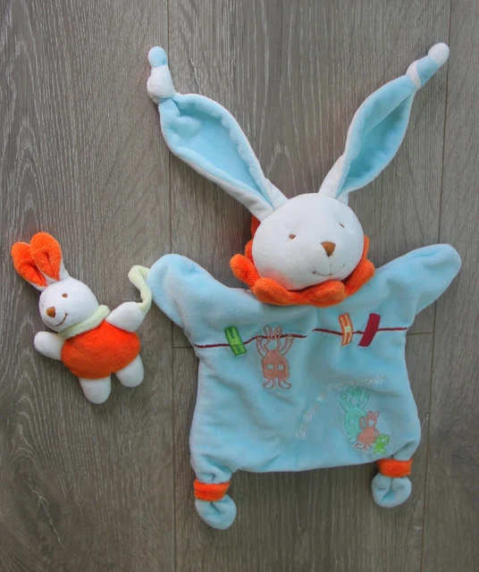 doudou marionnette lapin + bébé blanc bleu orange doudou et compagnie état neuf