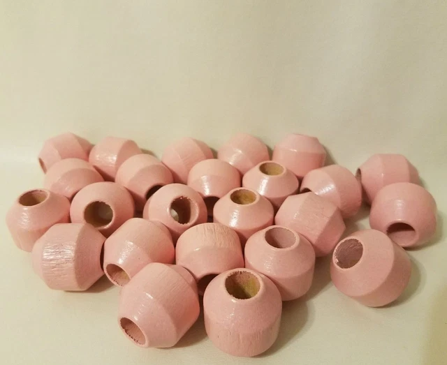Lot of 24 Large Pink Wood Beveled Macrame Craft Beads 1-1/8" Inch 28mm Vintage