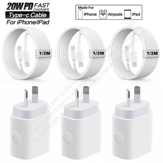 3x PD Fast Charger Cable TypeC Wall Power Adapter For iPhone 14 13 12 11 iPad XR
