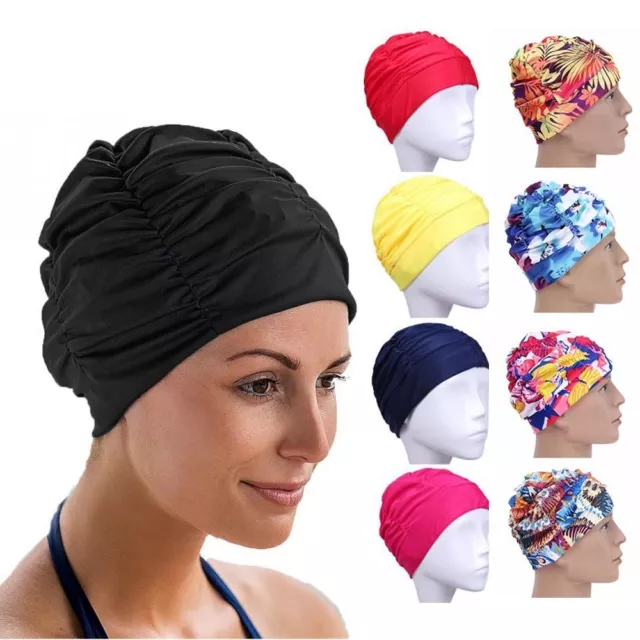 Printed Elastic Nylon Turban Pool Bathing Hats Long Hair Protect Swimming Cap